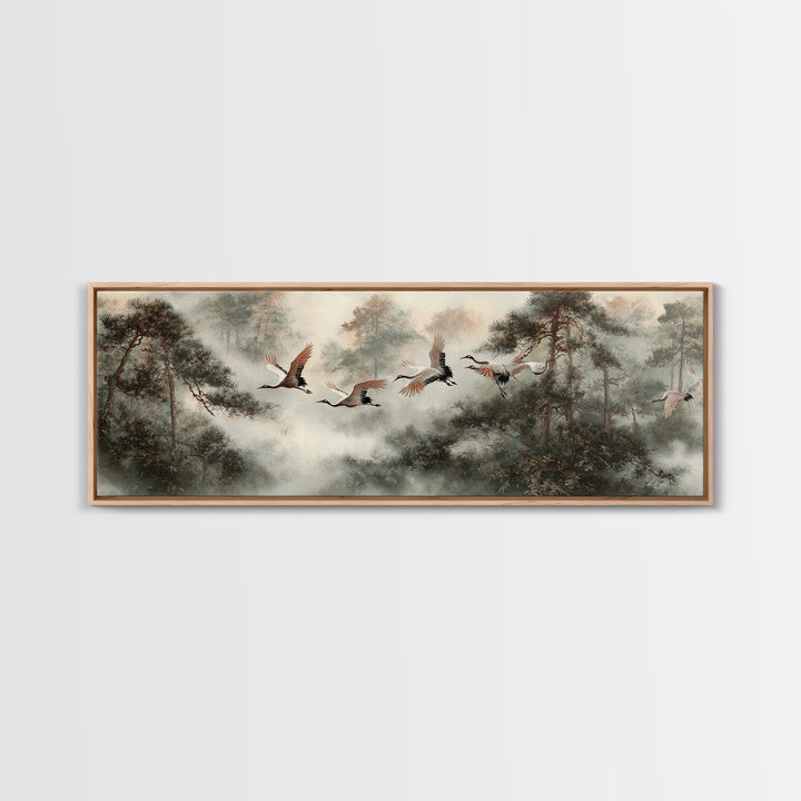 Red Crowned Cranes Flying Through Misty Pine Canvas Print, Asian Inspired Art, Aesthetic Wall Art, Living Room Decor, Harmony, ASI-3x1-65
