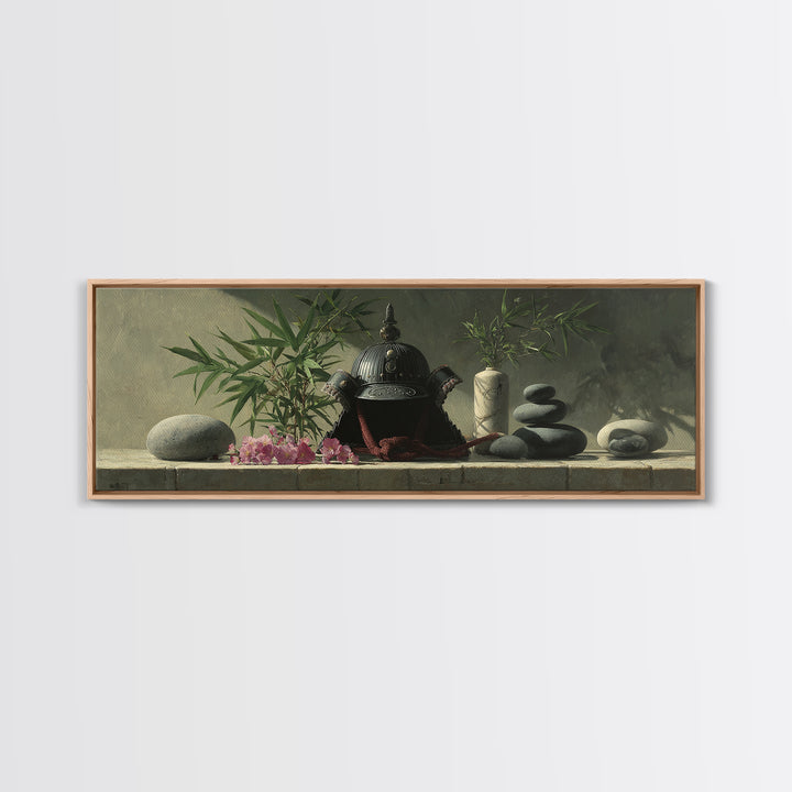 Samurai Helmet Still Life Canvas Print, Asian Inspired Art, Living Room Decor, Fine Art, Harmony, Floral Art, Botanical Print, ASI-3x1-71