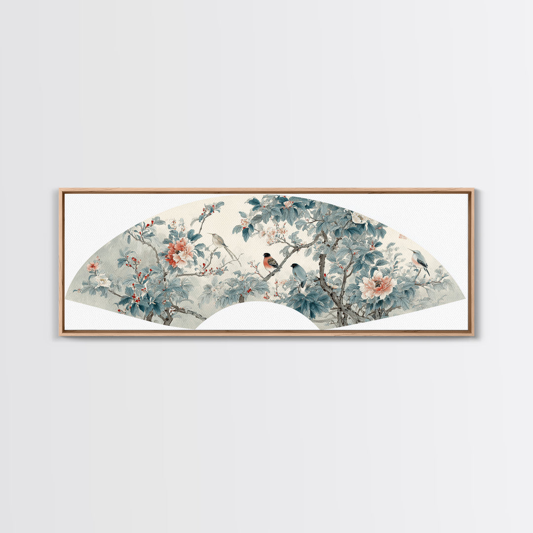 Fan Shaped Composition of Blossoms and Birds Canvas Print, Asian Inspired Art, Floral Art, Living Room Decor, Harmony, ASI-3x1-81