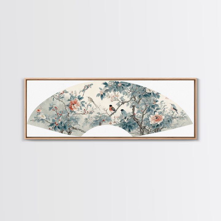 Fan Shaped Composition of Blossoms and Birds Canvas Print, Asian Inspired Art, Floral Art, Living Room Decor, Harmony, ASI-3x1-81