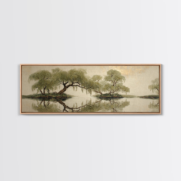 Willow Tree over a Reflective Pond Framed Canvas Print, Asian Inspired Art, Bird Art, Living Room Decor, Fine Art, Harmony, ASI-3x1-82