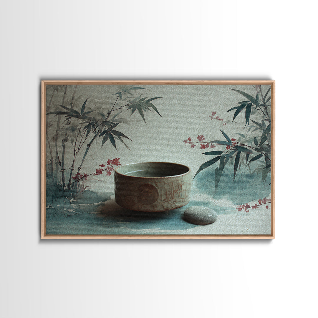 Tea Bowl and Steam Still Life on Framed Canvas Print, Asian Inspired Art, Aesthetic Wall Art, Living Room Decor, Harmony, ASI-3x2-19