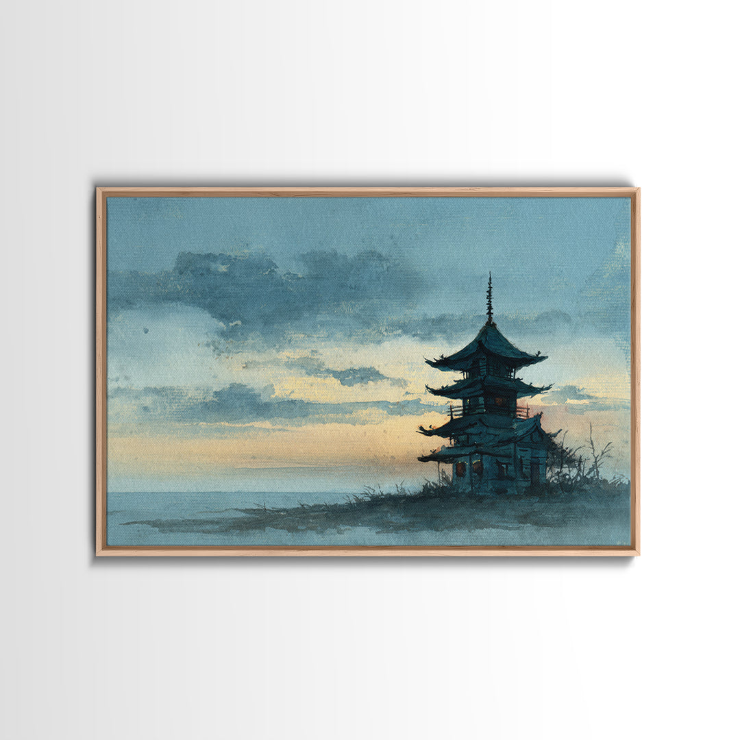 Pagoda Silhouette at Sunset Framed Canvas Print, Asian Inspired Art, Neutral Decor, Living Room Decor, Fine Art, Harmony, ASI-3x2-39