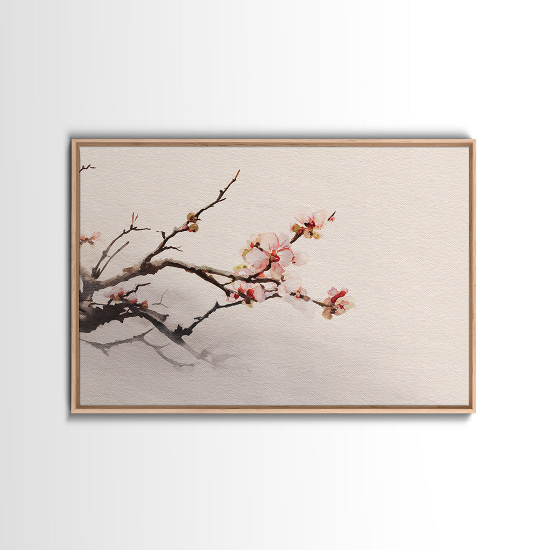 Plum Blossom Branch Painted Framed Canvas Print, Asian Inspired Art, Indian Art, Living Room Decor, Watercolor Art, Harmony, ASI-3x2-40