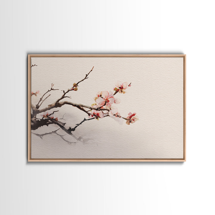Plum Blossom Branch Painted Framed Canvas Print, Asian Inspired Art, Indian Art, Living Room Decor, Watercolor Art, Harmony, ASI-3x2-40