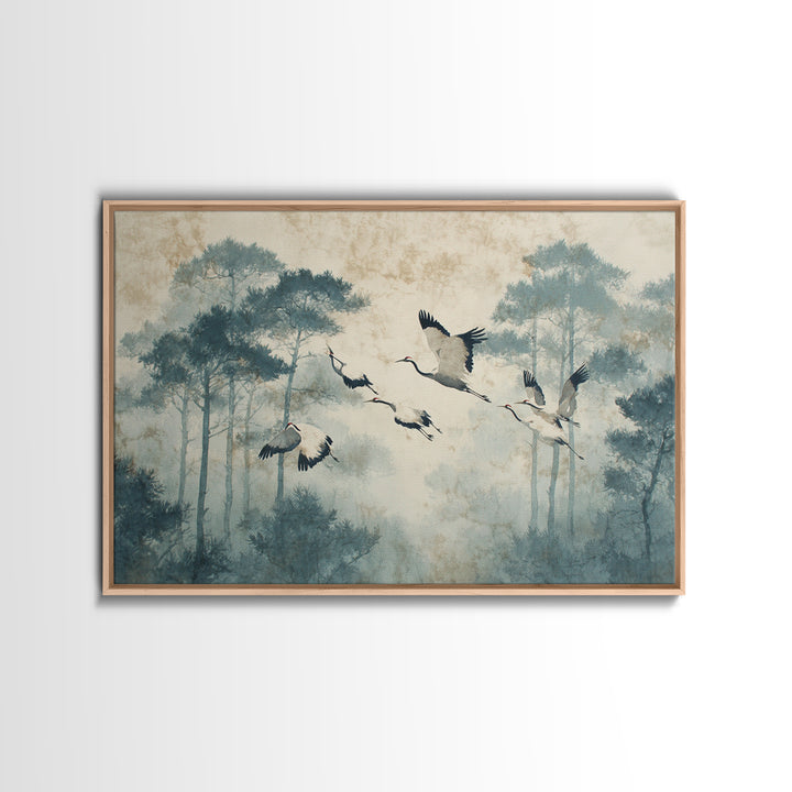 Red Crowned Cranes Flying Through Misty Pine Framed Canvas Print, Asian Inspired Art, Indian Art, Living Room Decor, Harmony, ASI-3x2-5