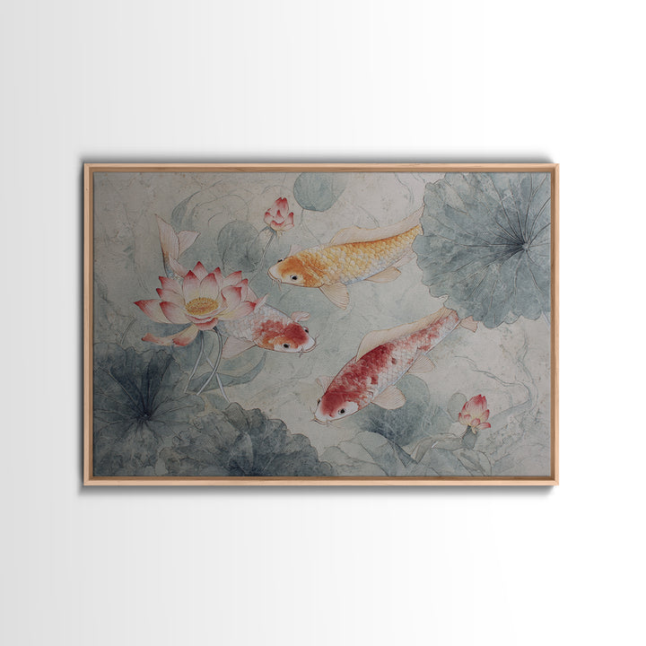 Koi Fish Circling Beneath Floating Lotus Blossoms Canvas Print, Asian Inspired Art, Digital Download Art, Living Room Decor, ASI-3x2-54