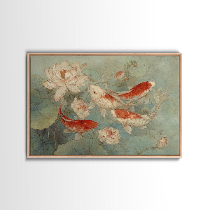 Koi Fish Circling Beneath Floating Lotus Blossoms Canvas Print, Asian Inspired Art, Botanical Print, Living Room Decor, Harmony, ASI-3x2-78