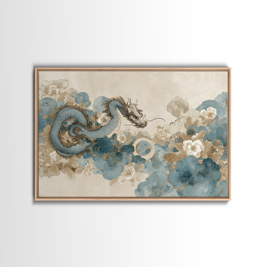 Dragon Curling Through Clouds Canvas Print, Asian Inspired Art, Spiritual Wall Art, Living Room Decor, Oil Painting, Harmony, ASI-3x2-89