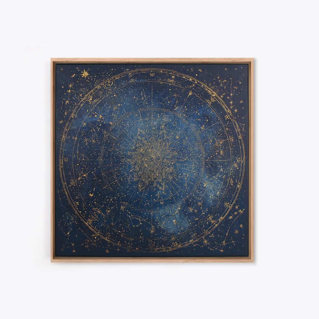 Gold Zodiac Wheel on Deep Midnight Blue Framed Canvas Print, Astrology Art, Neutral Decor, Living Room Decor, Fine Art, Zodiac, AST-1x1-1