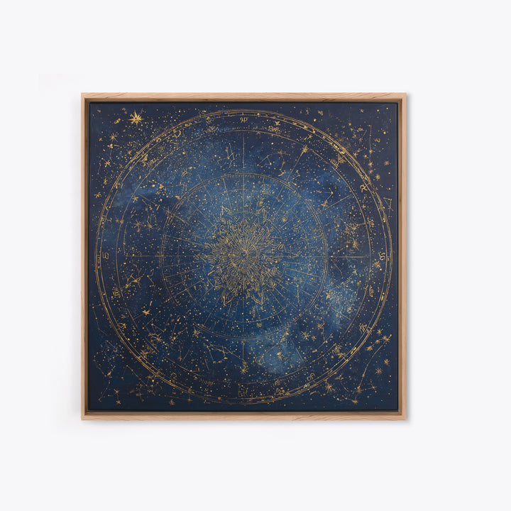 Gold Zodiac Wheel on Deep Midnight Blue Framed Canvas Print, Astrology Art, Neutral Decor, Living Room Decor, Fine Art, Zodiac, AST-1x1-1