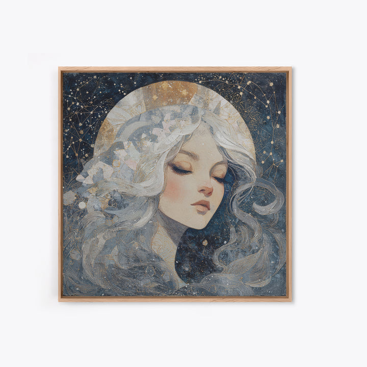 Moon Goddess with Flowing Hair and Constellations Canvas Print, Astrology Art, Celestial Wall Art, Living Room Decor, Zodiac, AST-1x1-27