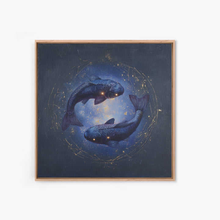 Cosmic Fish Pair Circling a Moonlit Pool Framed Canvas Print, Astrology Art, Dtf Print, Living Room Decor, Fine Art, Zodiac, AST-1x1-47