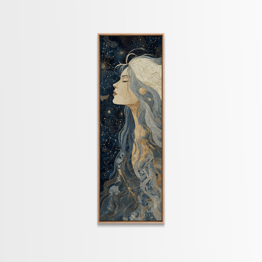 Moon Goddess with Flowing Hair and Constellations Framed Canvas Print, Astrology Art, Boho Decor, Living Room Decor, Zodiac, AST-1x3-15
