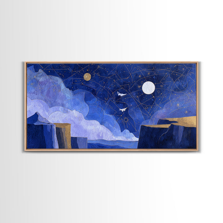 Ram Constellation Above Desert Cliffs at Night Framed Canvas Print, Astrology Art, Giclee Print, Living Room Decor, AST-2x1-100
