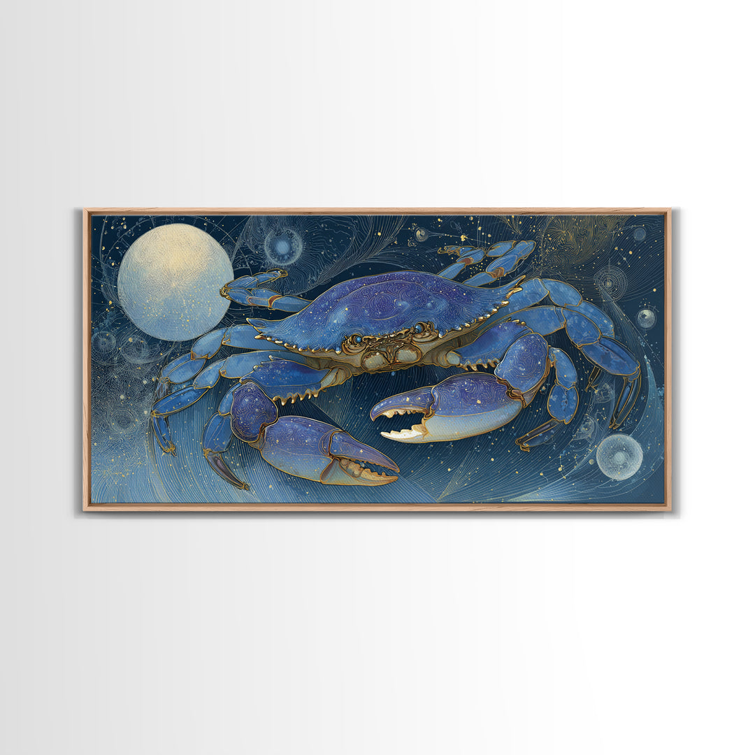 Celestial Crab under Glowing Ocean Moonlight Framed Canvas Print, Astrology Art, Room Decor, Living Room Decor, Zodiac, AST-2x1-12