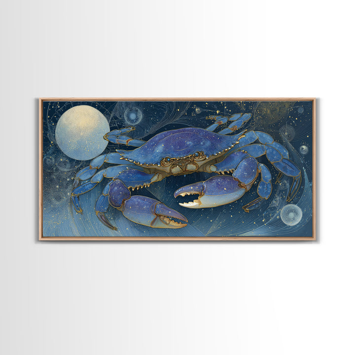 Celestial Crab under Glowing Ocean Moonlight Framed Canvas Print, Astrology Art, Room Decor, Living Room Decor, Zodiac, AST-2x1-12