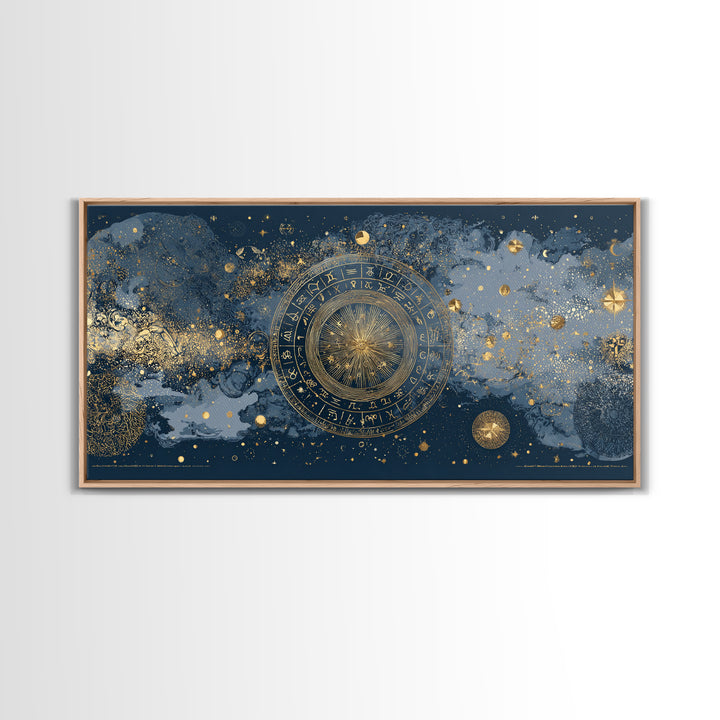 Gold Zodiac Wheel on Deep Midnight Blue Canvas Print, Astrology Art, Digital Wall Art, Living Room Decor, Oil Painting, Zodiac, AST-2x1-21