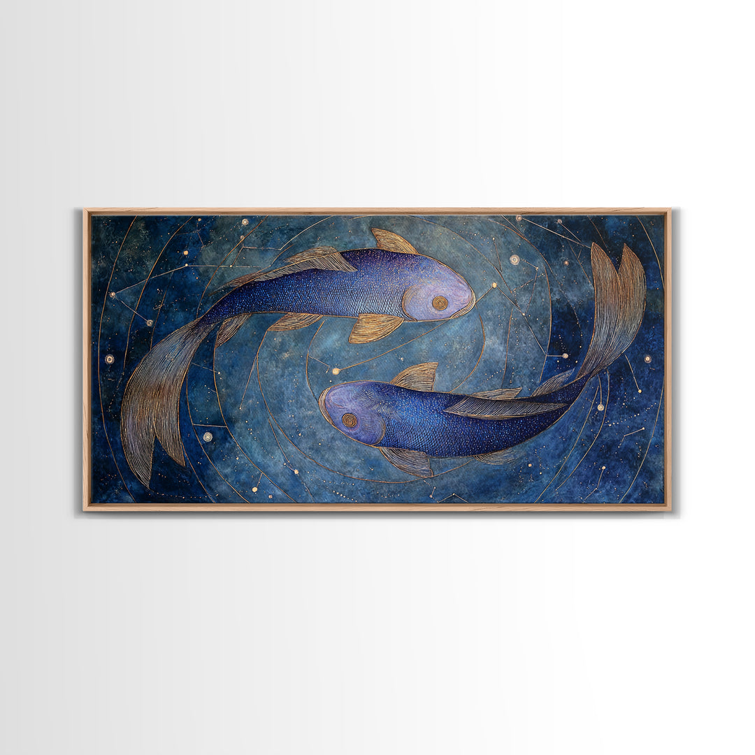 Cosmic Fish Pair Circling a Moonlit Pool Framed Canvas Print, Astrology Art, Art Nouveau, Living Room Decor, Fine Art, Zodiac, AST-2x1-43