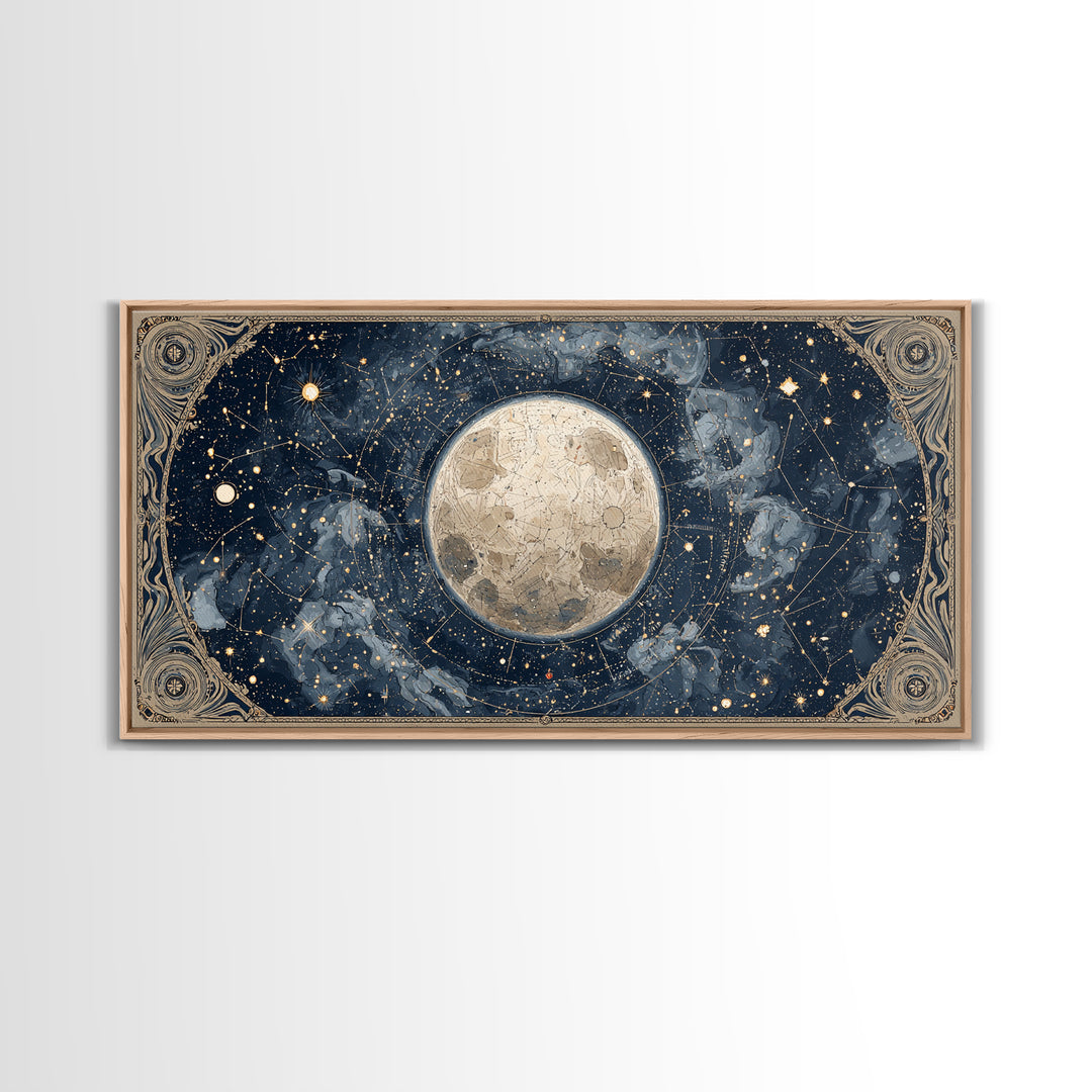 Retro Horoscope Chart Framed Canvas Print, Astrology Art, Boho Decor, Living Room Decor, Abstract Art, Zodiac, AST-2x1-65