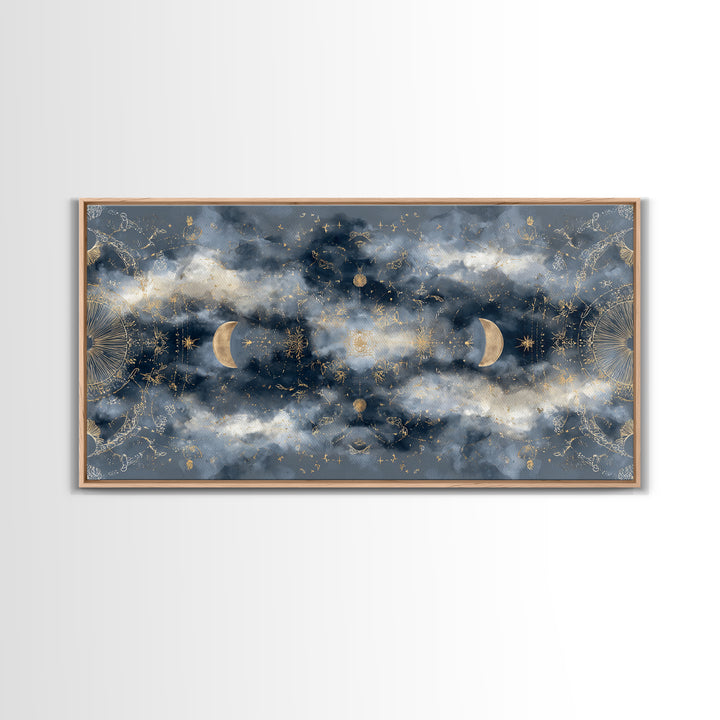 Celestial Twins Surrounded by Mirrored Moons Canvas Print, Astrology Art, Astrology Gifts, Living Room Decor, Oil Painting, AST-2x1-77
