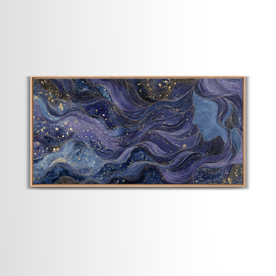Moon Goddess with Flowing Hair and Constellations Framed Canvas Print, Astrology Art, Wall Decor, Living Room Decor, Zodiac, AST-2x1-95
