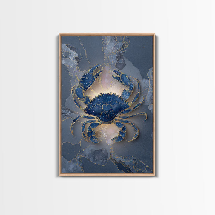 Celestial Crab under Glowing Ocean Moonlight Framed Canvas Print, Astrology Art, Neutral Decor, Living Room Decor, Zodiac, AST-2x3-24