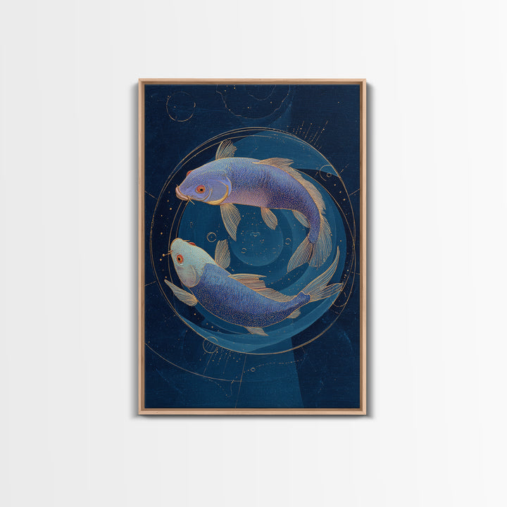 Cosmic Fish Pair Circling a Moonlit Pool Canvas Print, Astrology Art, Poster, Living Room Decor, Zodiac, Astrology Gifts, AST-2x3-31