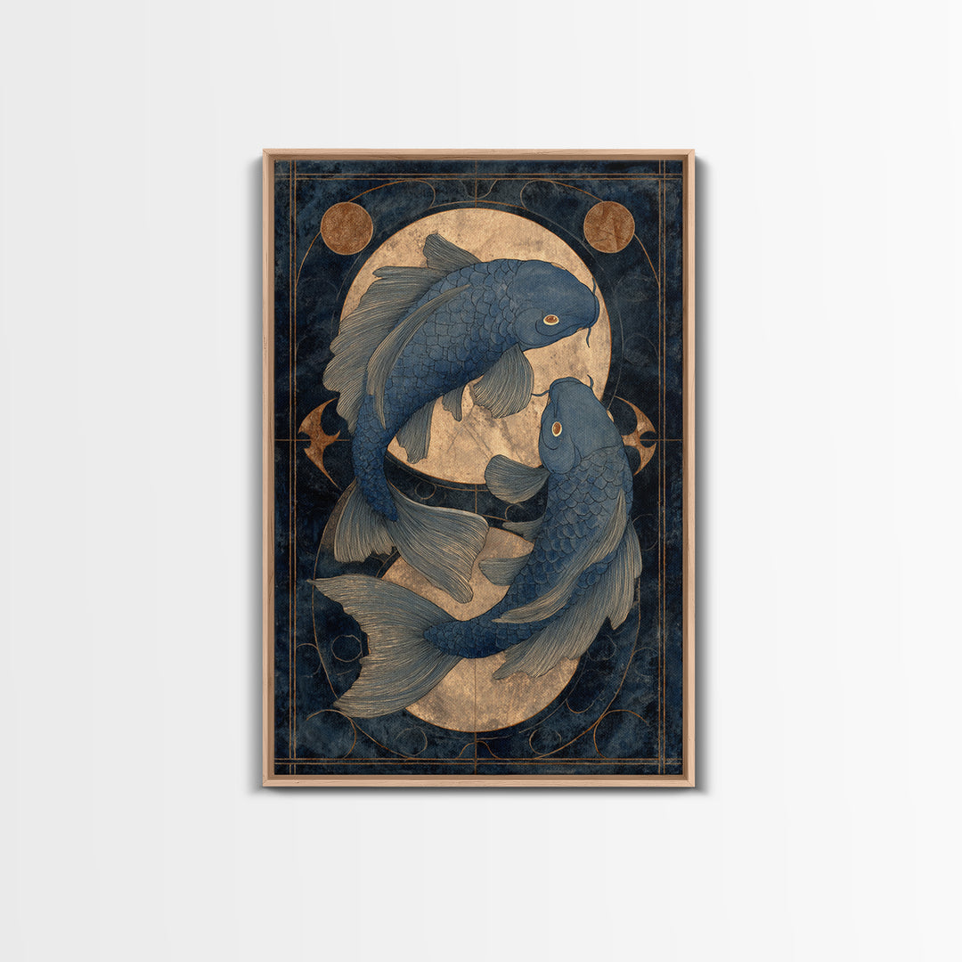 Cosmic Fish Pair Circling a Moonlit Pool Framed Canvas Print, Astrology Art, Art Nouveau, Living Room Decor, Fine Art, Zodiac, AST-2x3-55
