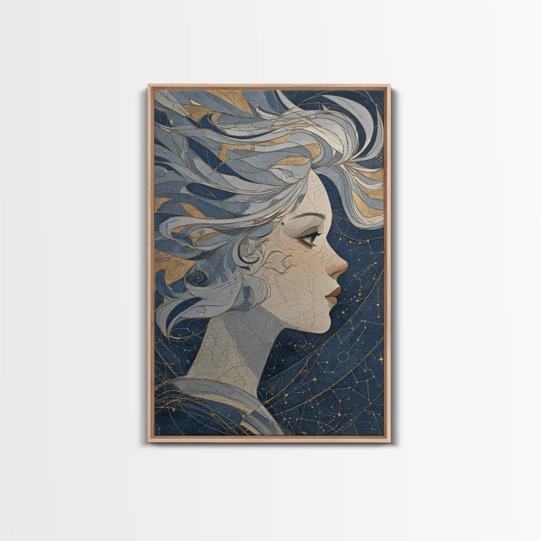 Moon Goddess with Flowing Hair and Constellations Canvas Print, Astrology Art, Astrology Gifts, Living Room Decor, Zodiac, AST-2x3-59