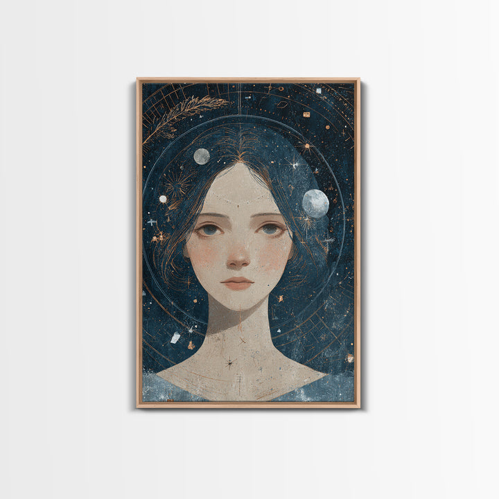 Virgo Maiden with Wheat and Blue Night Framed Canvas Print, Astrology Art, Astrology, Living Room Decor, Watercolor Art, Zodiac, AST-2x3-74