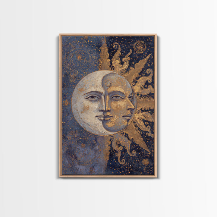 Sun and Moon Faces Framed Canvas Print, Astrology Art, Giclee Print, Living Room Decor, Fine Art, Zodiac, Fine Art Print, AST-2x3-85