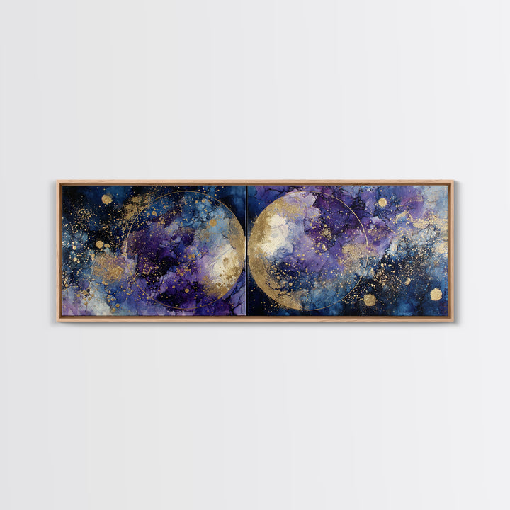 Celestial Twins Surrounded by Mirrored Moons Framed Canvas Print, Astrology Art, Wall Decor, Living Room Decor, Zodiac, AST-3x1-73