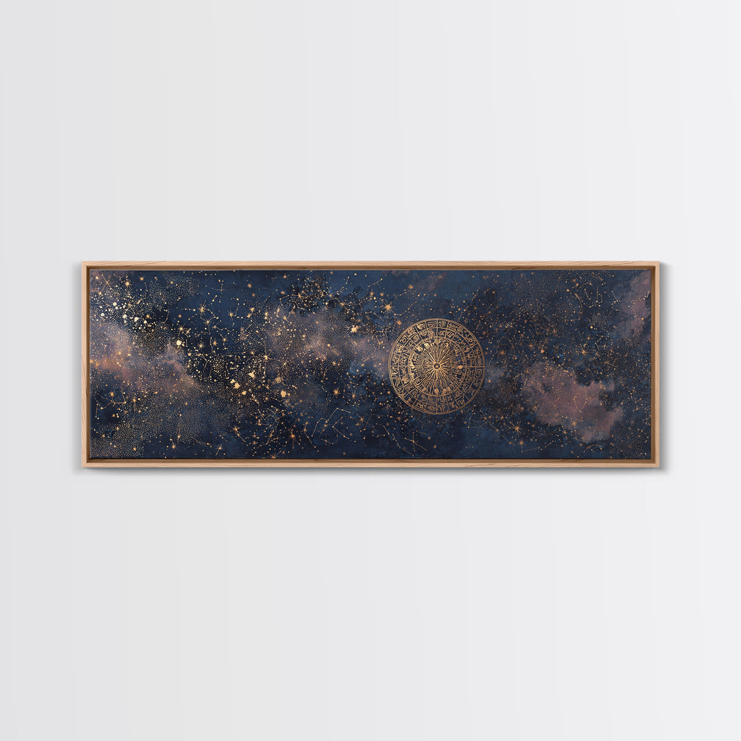Gold Zodiac Wheel on Deep Midnight Blue Framed Canvas Print, Astrology Art, Statement Artwork, Living Room Decor, Oil Painting, AST-3x1-89