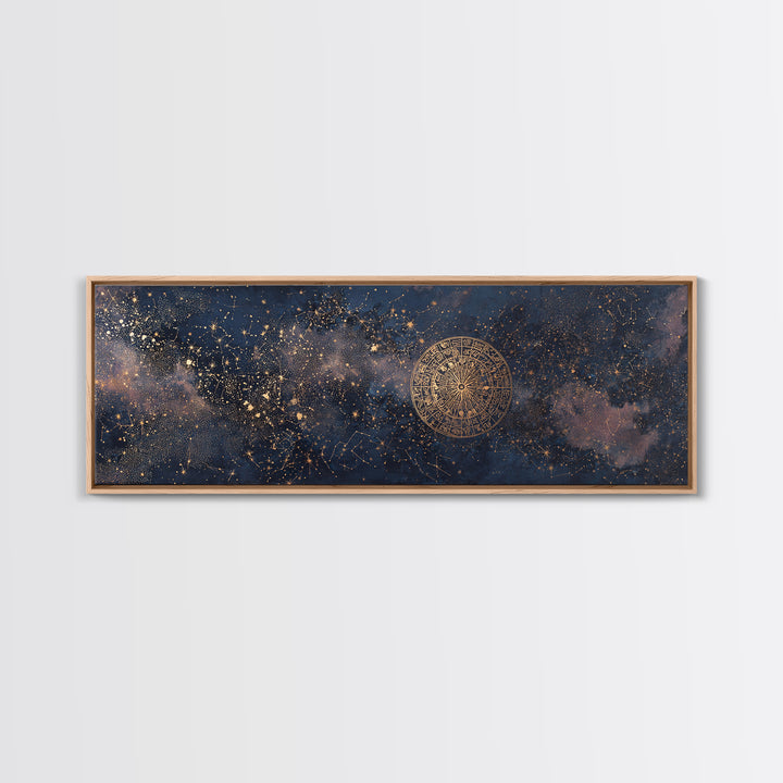 Gold Zodiac Wheel on Deep Midnight Blue Framed Canvas Print, Astrology Art, Statement Artwork, Living Room Decor, Oil Painting, AST-3x1-89