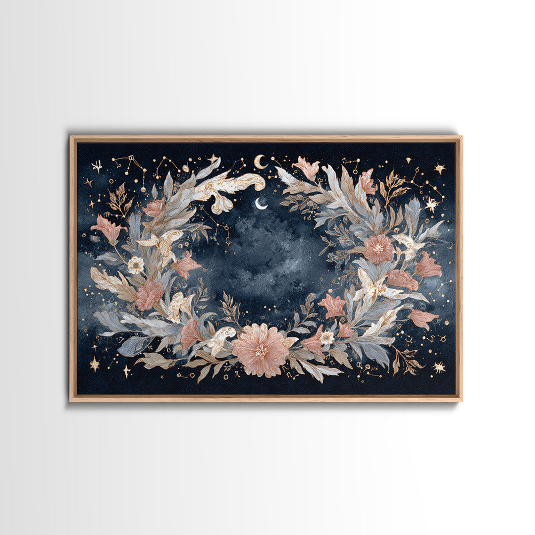 Astrological Botanical Wreath Framed Canvas Print, Astrology Art, Astronomy Art, Living Room Decor, Watercolor Art, Zodiac, AST-3x2-15