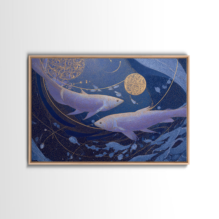 Cosmic Fish Pair Circling a Moonlit Pool Canvas Print, Astrology Art, Zodiac Wall Art, Living Room Decor, Fine Art, Zodiac, AST-3x2-3