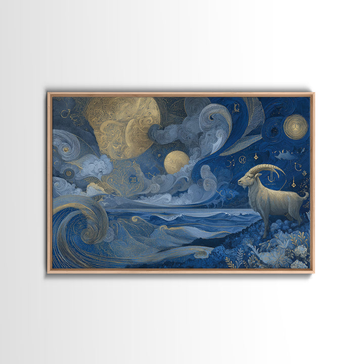 Capricorn Sea Goat Emerging from Cosmic Waves Canvas Print, Astrology Art, Digital Wall Art, Living Room Decor, Zodiac, AST-3x2-47