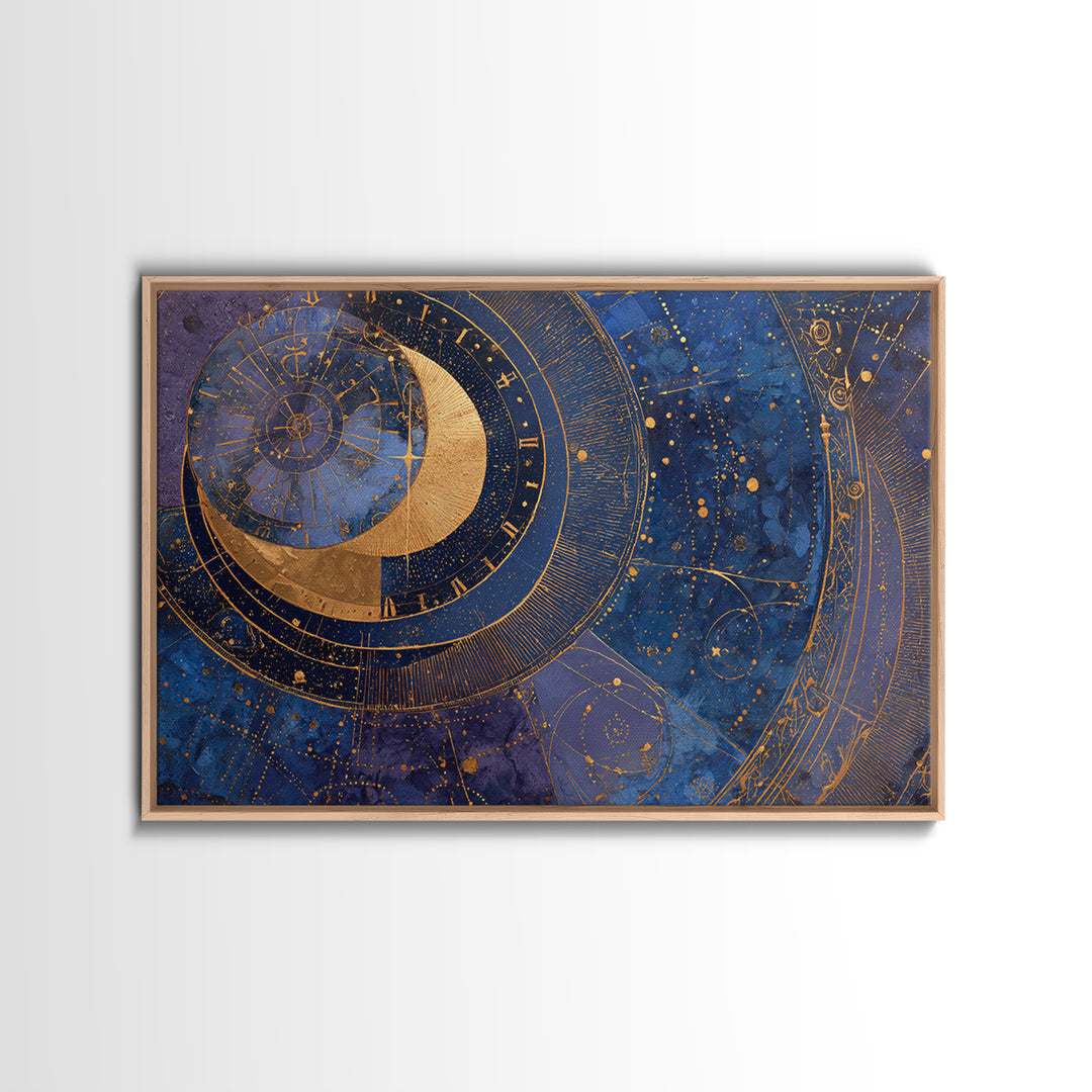 Gold Zodiac Wheel on Deep Midnight Blue Framed Canvas Print, Astrology Art, Astronomy Print, Living Room Decor, Zodiac, AST-3x2-5