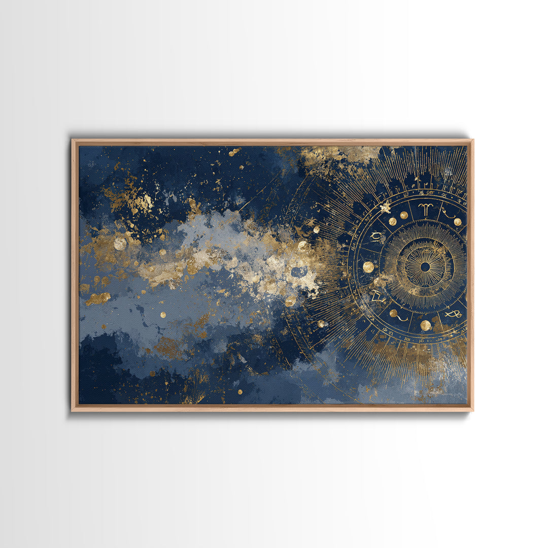 Gold Zodiac Wheel on Deep Midnight Blue Canvas Print, Astrology Art, Neutral Decor, Living Room Decor, Fine Art, Zodiac, AST-3x2-53