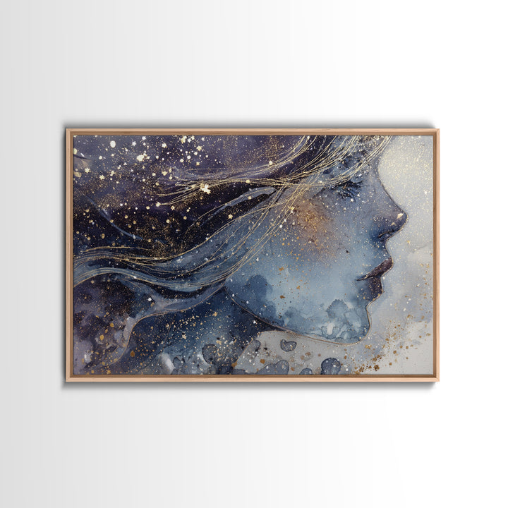 Moon Goddess with Flowing Hair and Constellations Canvas Print, Astrology Art, Astrology Gifts, Living Room Decor, Zodiac, AST-3x2-55