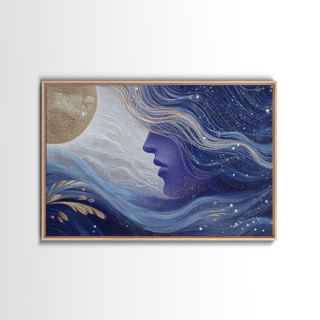 Moon Goddess with Flowing Hair and Constellations Framed Canvas Print, Astrology Art, Boho Decor, Living Room Decor, Zodiac, AST-3x2-7