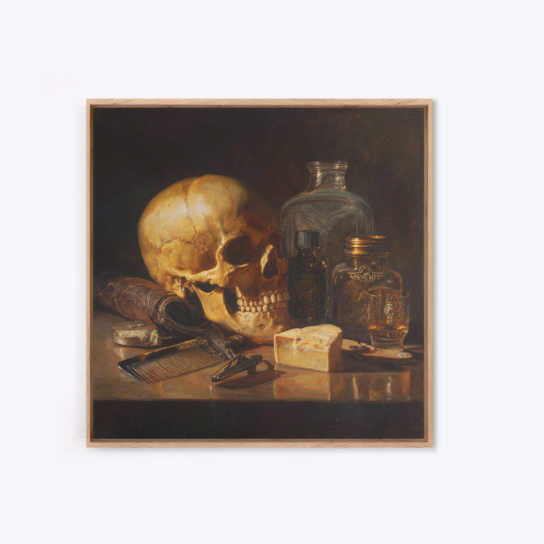Skull with Comb and Razor in Tattoo Canvas Print, Barbershop Art, Unique Wall Art, Barbershop Decor, Oil Painting, Grooming, BAA-1x1-15