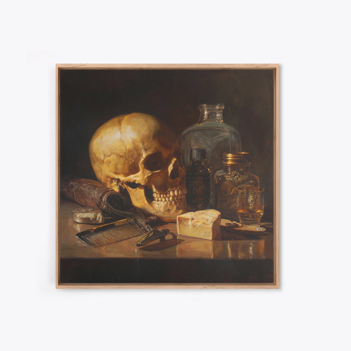 Skull with Comb and Razor in Tattoo Canvas Print, Barbershop Art, Unique Wall Art, Barbershop Decor, Oil Painting, Grooming, BAA-1x1-15