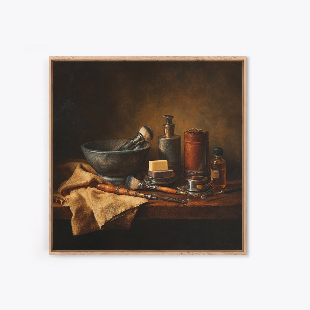Hot Towel Shave Scene Cropped Close to Framed Canvas Print, Barbershop Art, Urban Wall Art, Barbershop Decor, Oil Painting, BAA-1x1-37
