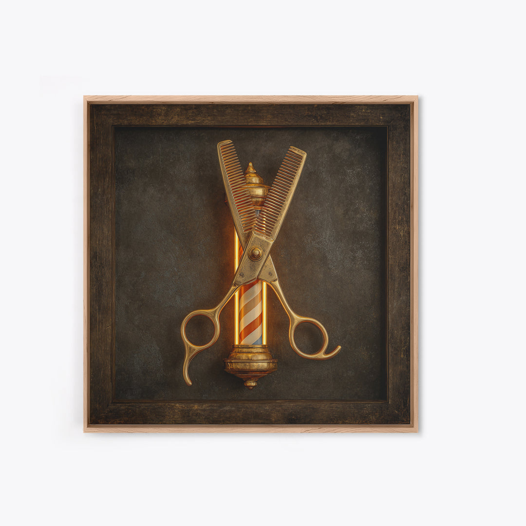 Neon Scissors Icon Framed Canvas Print, Barbershop Art, Extra Large Wall Art, Barbershop Decor, Oil Painting, Grooming, BAA-1x1-43