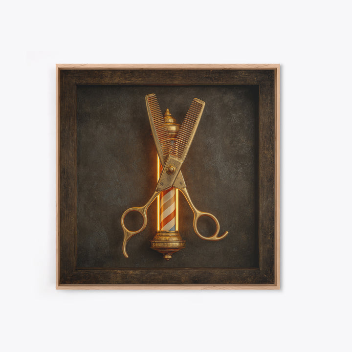 Neon Scissors Icon Framed Canvas Print, Barbershop Art, Extra Large Wall Art, Barbershop Decor, Oil Painting, Grooming, BAA-1x1-43