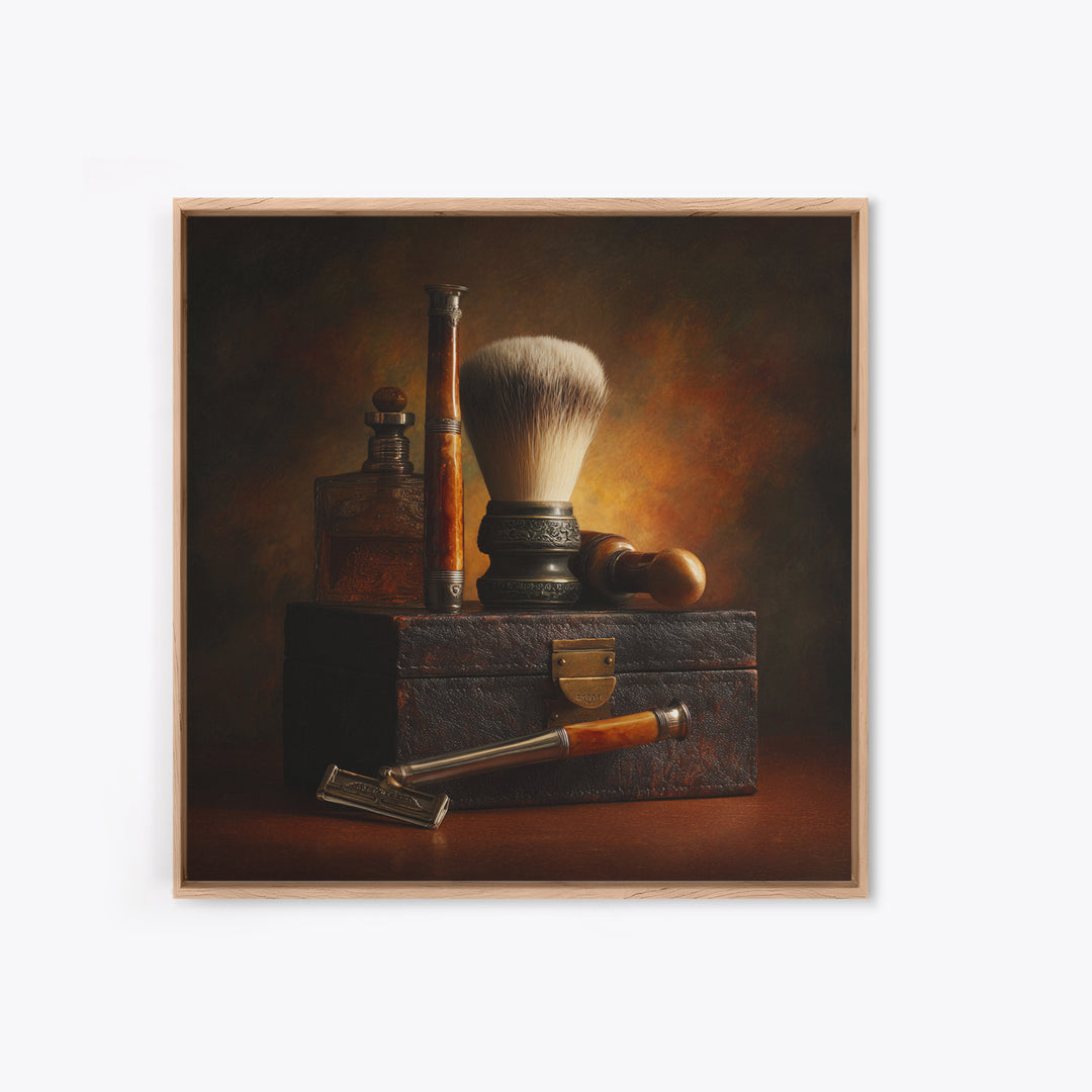 Straight Razor and Shaving Brush on Dark Canvas Print, Barbershop Art, Afrocentric Wall Art, Barbershop Decor, Grooming, BAA-1x1-50