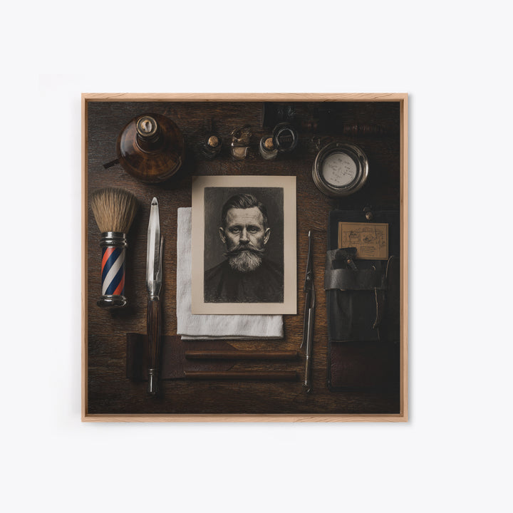 Tattooed Barber Portrait Framed Canvas Print, Barbershop Art, Downloadable Art, Barbershop Decor, Fine Art, Grooming, BAA-1x1-52