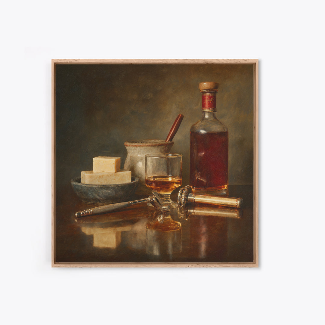 Whiskey and Straight Razor Masculine Still Life Canvas Print, Barbershop Art, Orange Wall Art, Barbershop Decor, Abstract Art, BAA-1x1-55